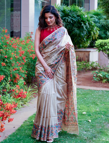 GHICHA SILK HANDPAINTED MADHUBANI SAREE