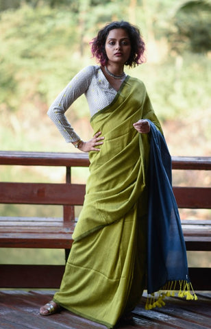 Green & Blue Cotton Acrylic Saree