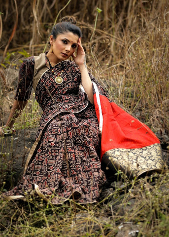 BLOCK PRINTED AJRAKH SAREE WITH ORANGE ORGANIC COTTON PALLU & BENARASI PATCH