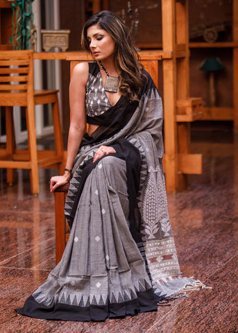 PURE GREY MERCERISED COTTON BENGAL HANDLOOM SAREE