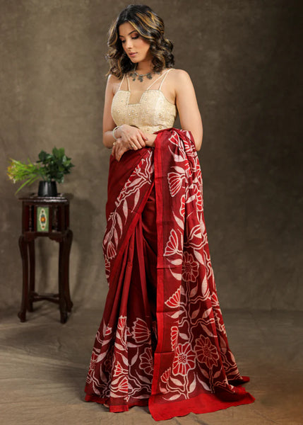 RED MUL COTTON HAND BATIK SAREE