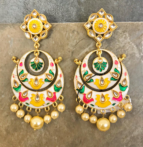 Gold Plated White & Red & Yellow & Green Hand Painted Kundan Earrings with White Pearls