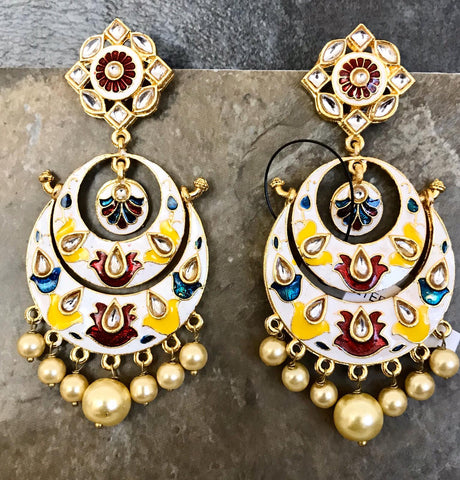 Gold Plated White & Red & Blue & Yellow Hand Painted Kundan Earrings with White Pearls