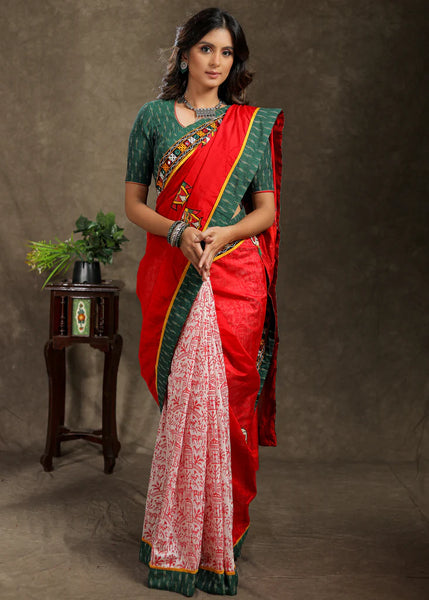 RED CHANDERI BLOCK PRINTED SAREE WITH OWL MOTIF AND MIRROR WORK BORDER