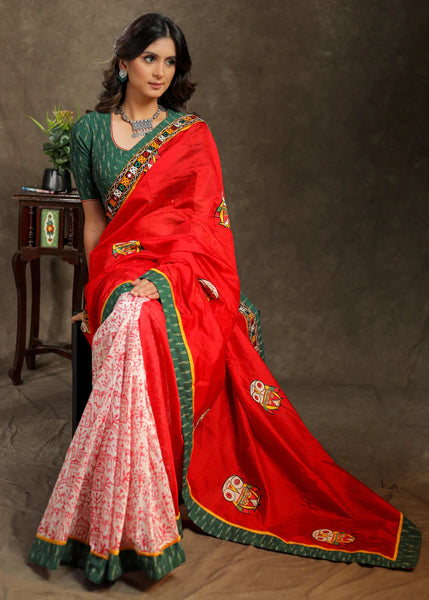 RED CHANDERI BLOCK PRINTED SAREE WITH OWL MOTIF AND MIRROR WORK BORDER