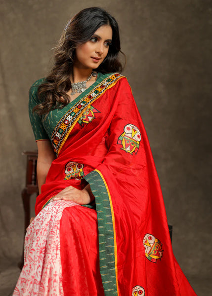 RED CHANDERI BLOCK PRINTED SAREE WITH OWL MOTIF AND MIRROR WORK BORDER