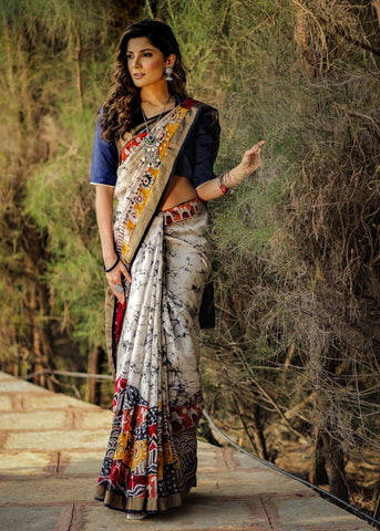 HAND BATIK PURE CHANDERI SAREE WITH ABSTRACT DESIGNS