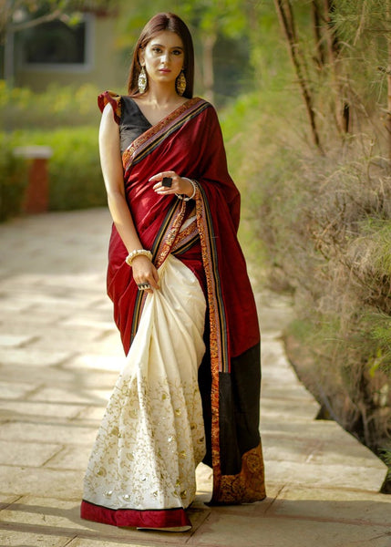 KHUN & GOLDEN EMBROIDERY COMBINATION SAREE WITH BENARASI PIPING