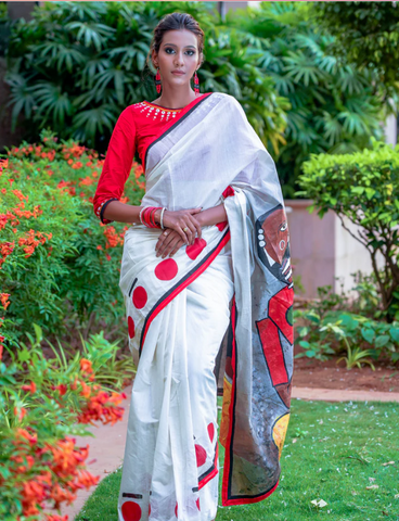 CHANDERI WHITE SAREE WITH RED HANDPAINTED MODERN ART