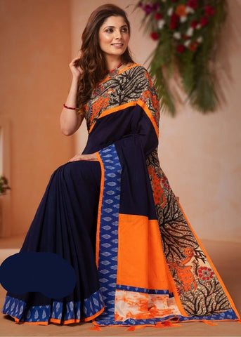 BLUE HANDLOOM COTTON SAREE WITH HAND PAINTED MADHUBANI WORK & IKAT BORDER