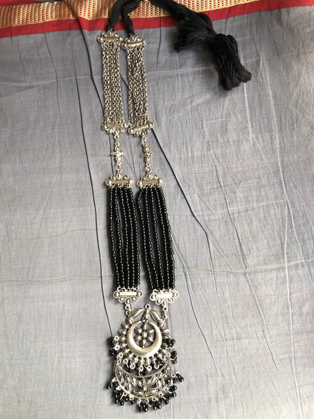 Long Black and Silver Necklace with Adjustable Dori