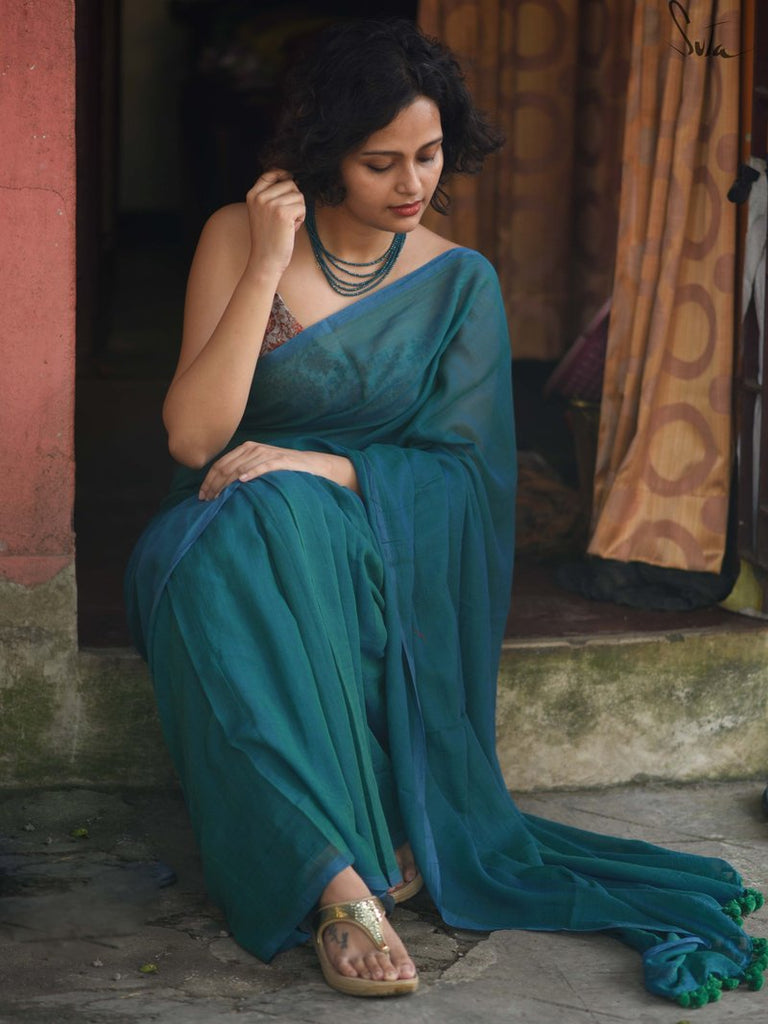 Blue mul cotton plain saree