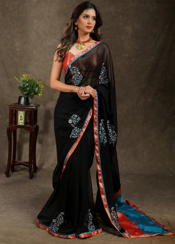 BLACK GEORGETTE SAREE WITH EMBROIDERY MOTIF AND BANARASI PALLU