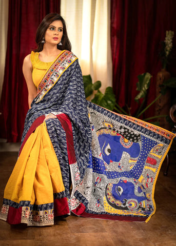 BLUE IKAT DESIGNER SAREE WITH HAND PAINTED MADHUBANI PALLU & KUTCH MIRROR WORK