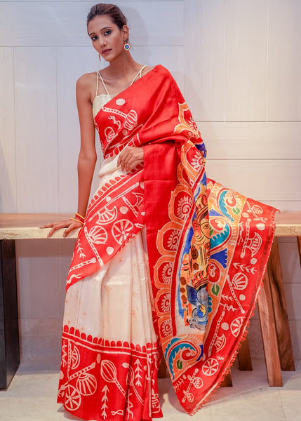 RED and WHITE PURE SILK HANDPAINTED SAREE