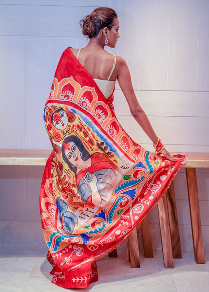 RED and WHITE PURE SILK HANDPAINTED SAREE