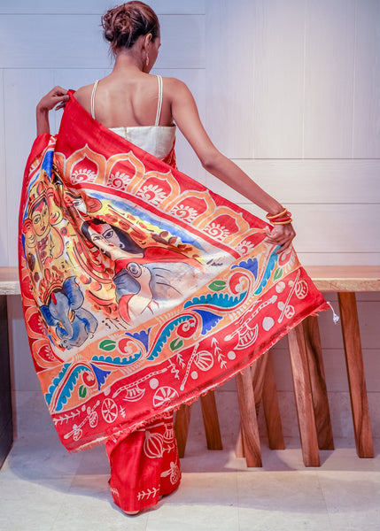 RED and WHITE PURE SILK HANDPAINTED SAREE