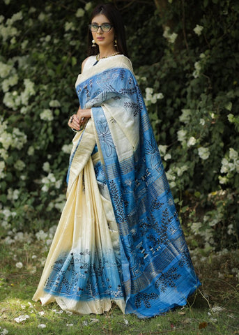 WARLI ART, BLUE & BEIGE COMBINATION PURE RAW SILK SAREE