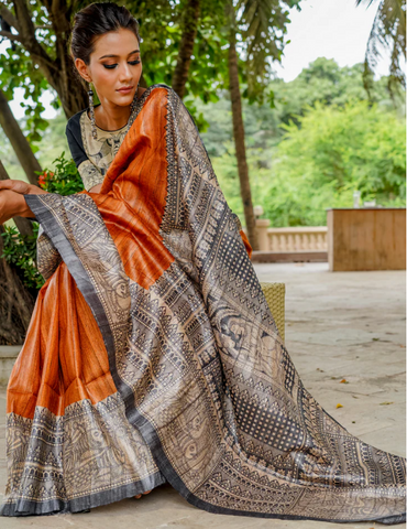 RUST PURE GHICHA SILK HANDPAINTED MADHUBANI SAREE