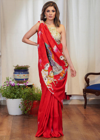 PURE SILK HAND PAINTED RED SAREE WITH ELEGANT KRISHNA DESIGN