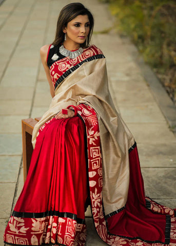 COMBINATION OF PURE TUSSER SILK & RED SEMI SILK SAREE WITH HAND BATIK BORDER