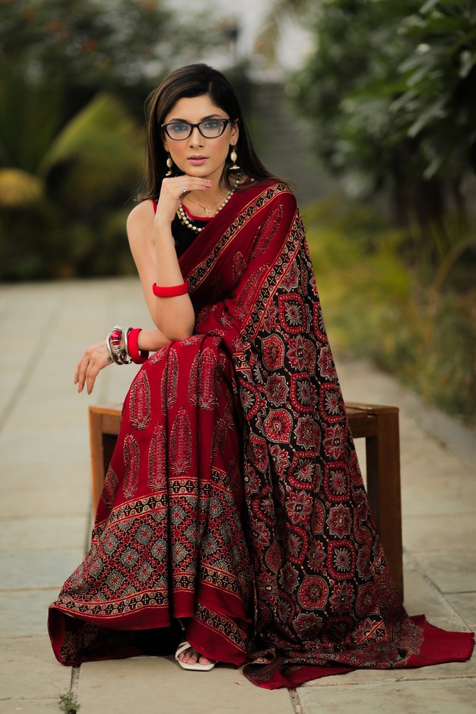 Maroon Ajrakh Pure Modal Silk Saree || Hand Block Ajrakh Saree || Maroon Black Silk Saree || PiranUSACloset || Saree Ships From USA || buy