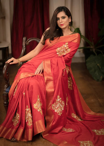 RED COTTON SILK SAREE WITH HEAVY EMBROIDERED MOTIFS