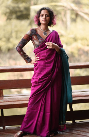 Pink & Dark Teal Cotton Acrylic Saree