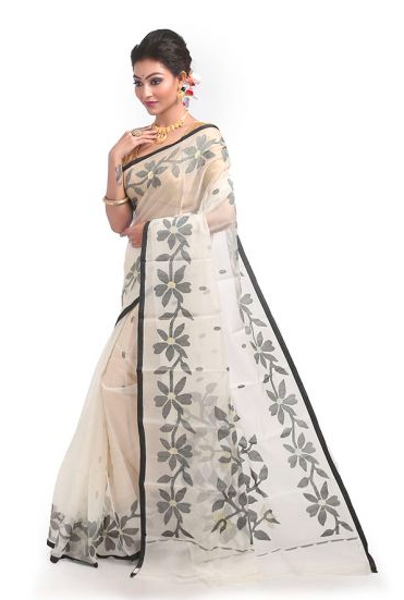 Off-White with Black Floral Border Ethnic Resham Silk Muslin Saree