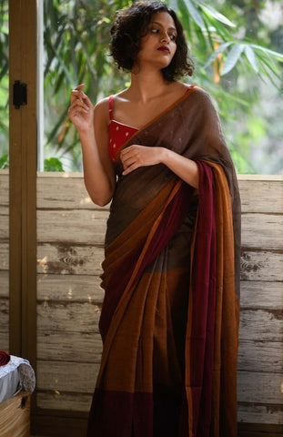 Grey, Tan & Maroon Mul Cotton Saree