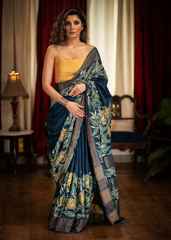 MIDNIGHT BLUE DESIGNER HAND BATIK CHANDERI SAREE