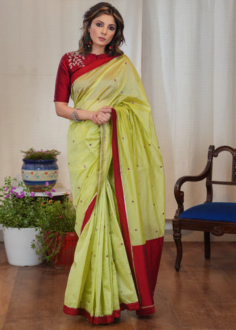 CHANDERI LIGHT GREEN MIRROR WORK SAREE WITH MAROON BORDER