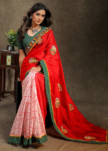 RED CHANDERI BLOCK PRINTED SAREE WITH OWL MOTIF AND MIRROR WORK BORDER