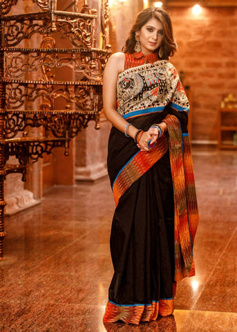 BLACK CHANDERI SAREE WITH EXLCUISVE HAND PAINTED MADHUBANI PAINTING & IKAT BORDER