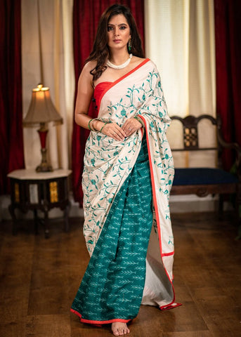 EMBROIDERED SAREE WITH MERCERISED COTTON IKAT PLEATS