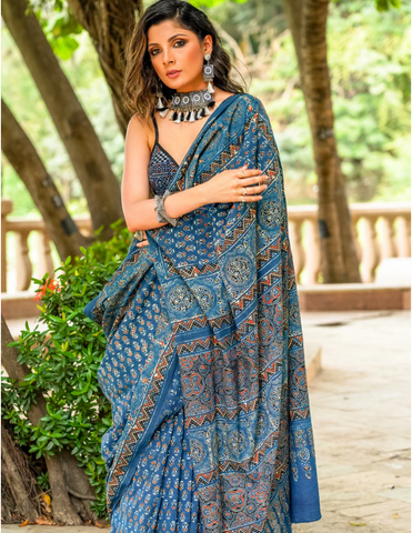 BLUE COTTON SAREE WITH BLOCK PRINTED AJRAKH