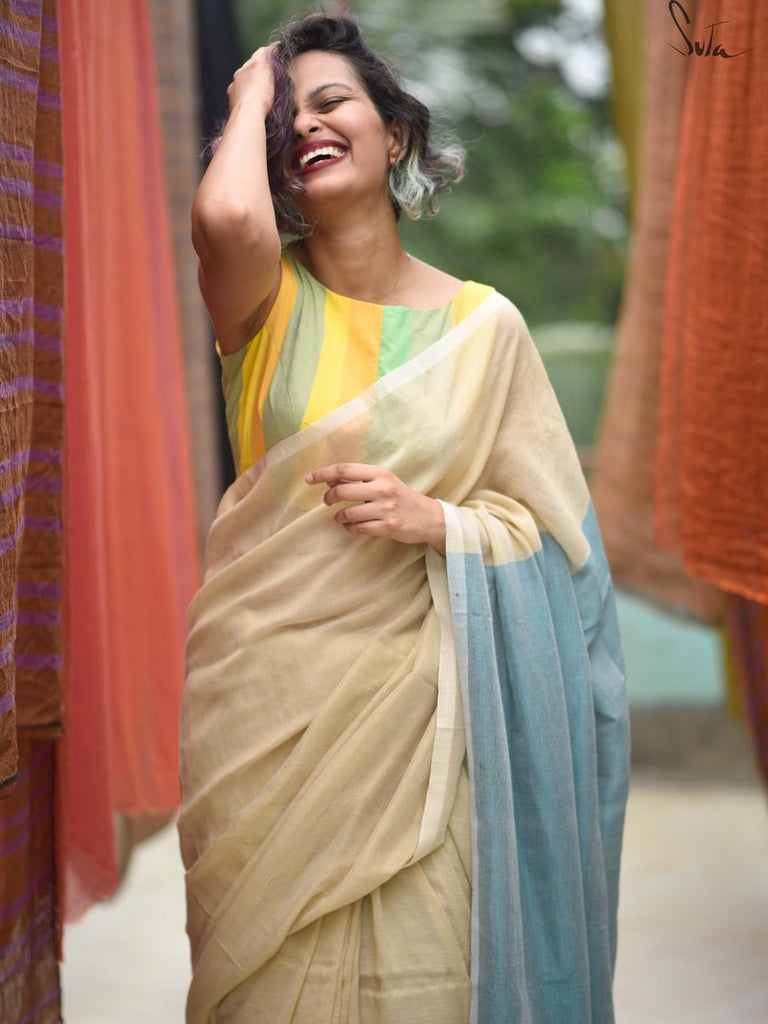 Shyla - Organic Beige Linen Saree | Linen World