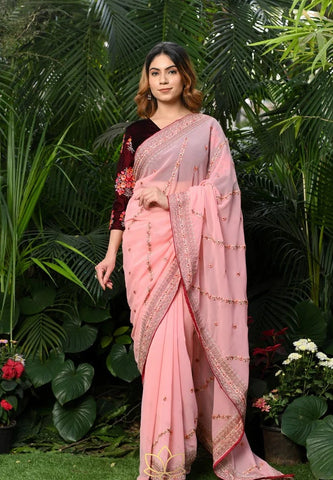 Pink Embroidered Saree Made of Semi Georgette