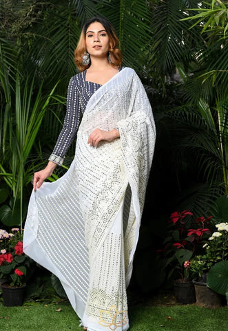 White Embroidered Semi Georgette Saree