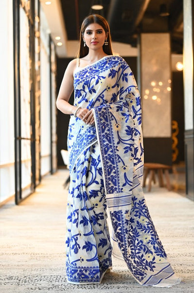 White & Blue Multicolor Handwoven Dhakai Jamdani Saree