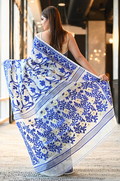 White & Blue Multicolor Handwoven Dhakai Jamdani Saree