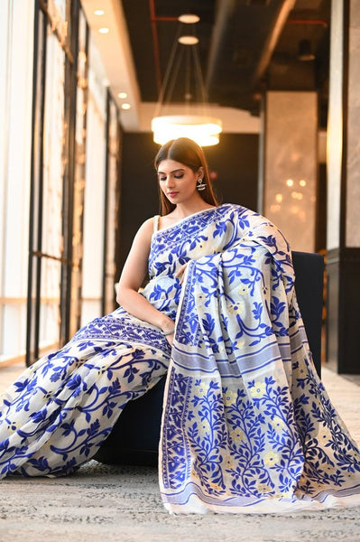 White & Blue Multicolor Handwoven Dhakai Jamdani Saree