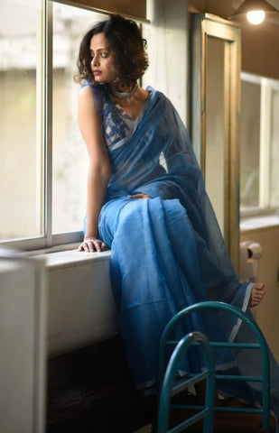 Blue Cotton Polyester Saree