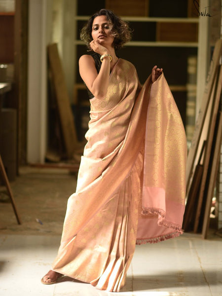 Peachy Pink Katan Silk Polyester Saree