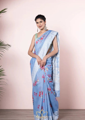 Blue Chanderi Soft Cotton Floral Print Saree with Embroidered Pallu