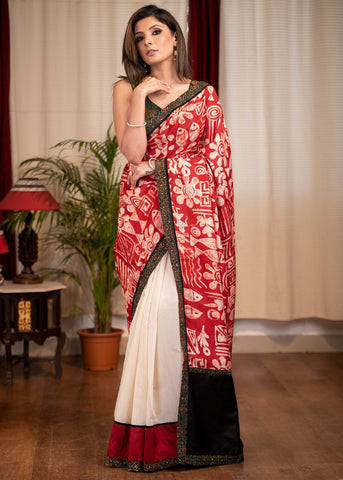 SILK BATIK & BEIGE CHANDERI COMBINATION SAREE WITH AJRAKH BORDER