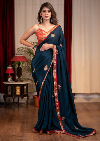 ROYAL BLUE CHINNON SAREE WITH HAND EMBROIDERED ZARDOSI WORK & BENARASI BORDER