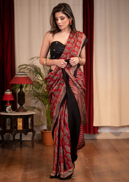 PURE MODAL SILK BLOCK PRINTED MAROON AJRAKH SAREE