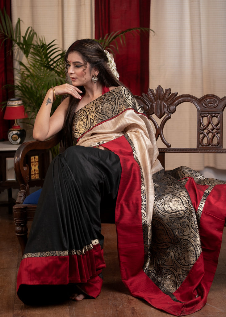 TUSSER SILK & BENARASI COMBINATION SAREE WITH BLACK COTTON SILK PLEATS