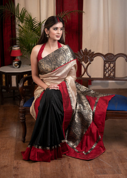 TUSSER SILK & BENARASI COMBINATION SAREE WITH BLACK COTTON SILK PLEATS